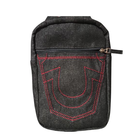 True Religion Denim Sling Bag Grohl Crossbody Black Red Stitch Horseshoe Logo - Picture 7 of 8